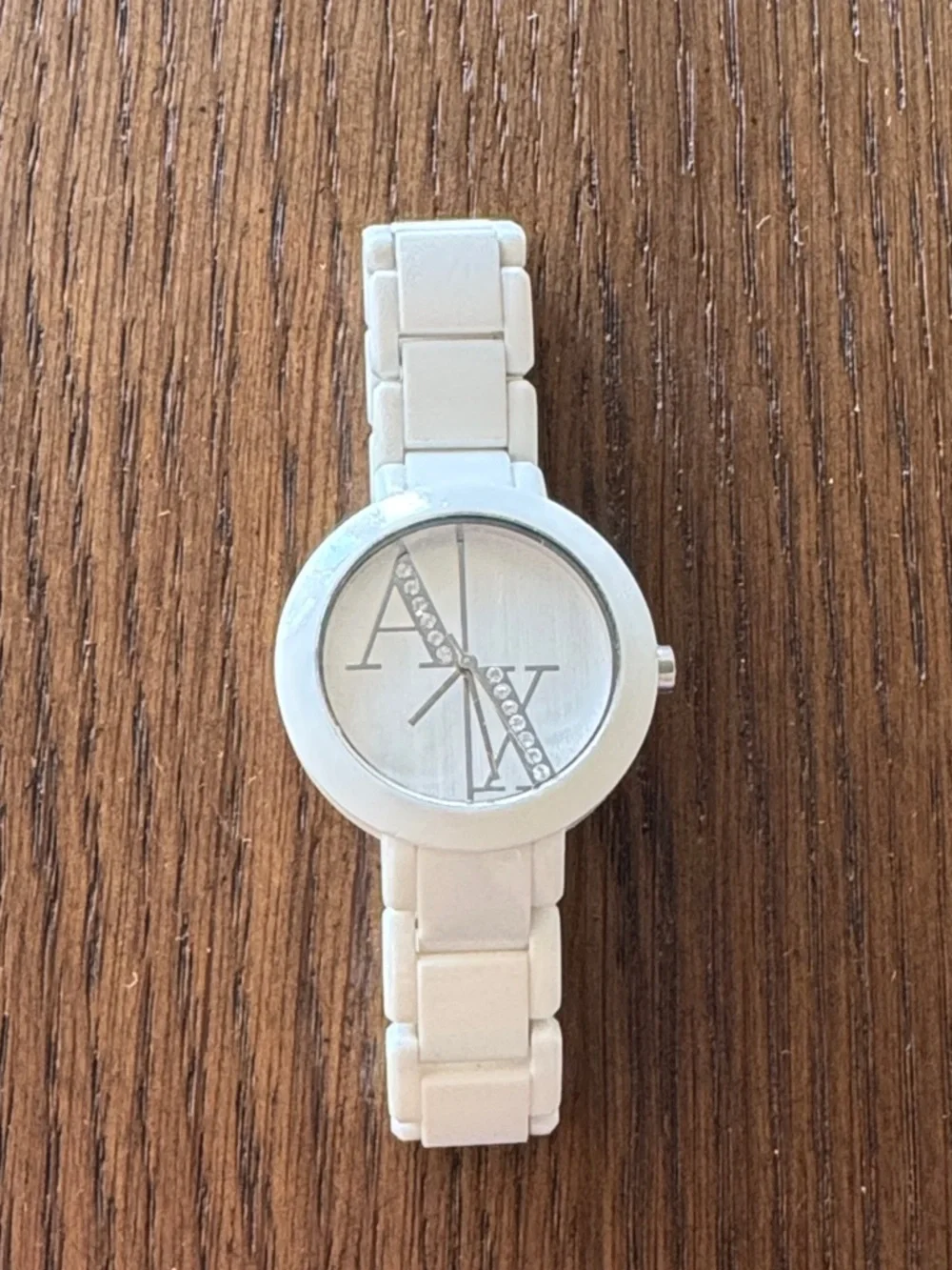 Armani Exchange White Acrylic Bracelet Watch with Diagonal Crystal Detail